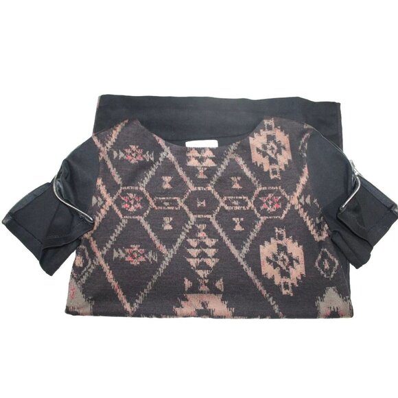 Sandro Short Sleeve Zipper Leather Trim Mini Dress Black w/ Aztec Print Size 2 - Picture 8 of 8